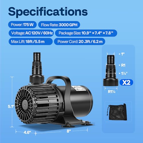 VIVOHOME Electric 175W 3000GPH Submersible Water Pump for Koi Pond Pool Waterfall Fountains Fish Tank and Aquarium - size: 3000GPH
