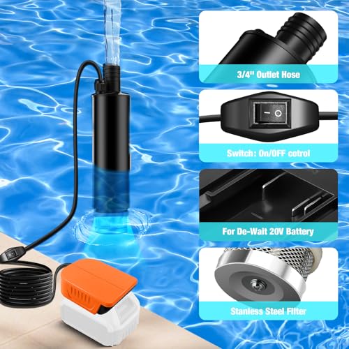Portable Water Transfer Pump For Dewalt 20V Max Battery, 500GPH 100W 16Ft Cord for Pool, Water Beds, Garden Shower, Puddle,Camping, RV, Bilge,Fish Tank,Diesel Boat Truck (No Battery) - style: PUMP for Dewalt