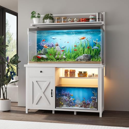 55-75 Gallon Fish Tank Stand with Power Outlet, Led Light, Heavy Duty Aquarium Stand with Cabinet for Fish Tank Accessories Storage, Shelf, for Turtle Tank, Reptile Terrarium, 1100 LBS (White) - color: White