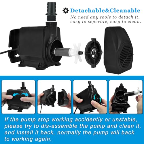 PULACO Large Flow: 800GPH（3000L/H）Submersible Pump with 6.5 ft Tubing, 45Watt Durable Fountain Water Pump With 4 Nozzles For Above 80 gallons Fish Tank or Pond - size: 800 GPH