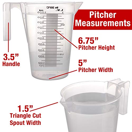TCP Global 1 Liter (1000ml) Plastic Graduated Measuring and Mixing Pitcher (Pack of 6) - Holds Over 1 Quart (32oz) - Pouring Cups, Measure & Mix Paint, Resin, Epoxy, Kitchen Cooking Baking Ingredients - size: 1000ml