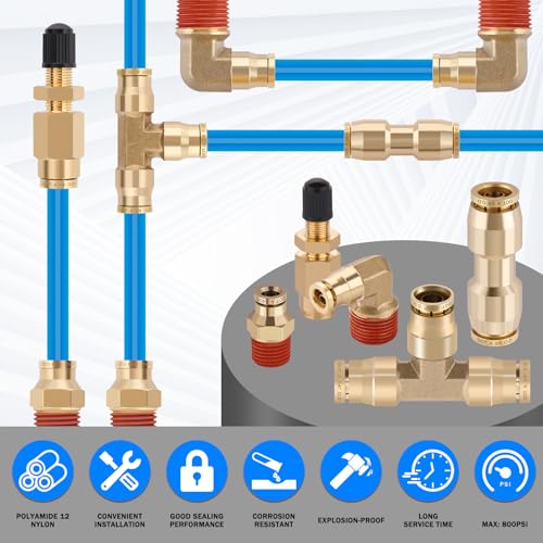CheeMuii 76 PCS Brass DOT Air Line Fittings with 100FT 1/4" and 50FT 3/8" Blue DOT Air Lines Kit Push Lock Air Line Quick Connect Fittings with Pneumatic Tubing Set - size: 2ROLL-80PCS-BLUE