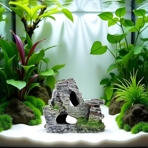 Resin Aquarium Mountain Decor with Moss Rock Cave - Multi-Level Terrain for Fish Tank Landscaping, Natural-Looking Rockery Design with Hidden Cave and Crevices for Shrimp, Reptile Habitat