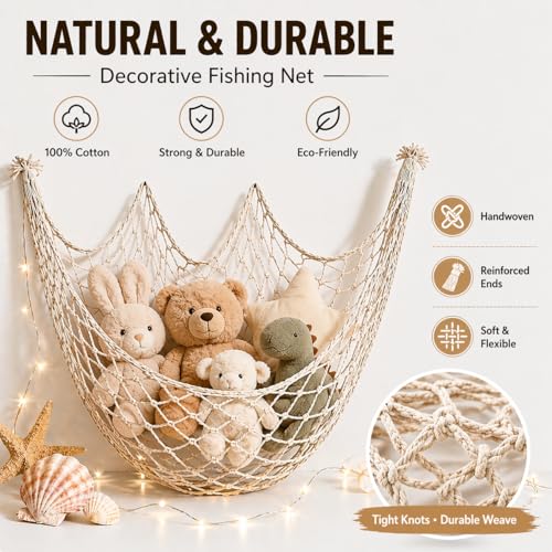 Decorative Fishing Net 80x40 Inch, Large Decorative Fish Netting Table Runner, Wall Photo Hanging Fishnet for Nautical Mermaid Pirate Ocean Themed Hawaii Beach Under the Sea Party Decorations, Beige - color: Beige