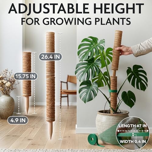 2 Pcs Moss Sticks for Indoor Plants Climbing with Coconut Fiber and Plant Tie Tape - 15.75 Inch Stackable Small Moss Pole for Monstera, Pothos, Philodendron, Money Plants & Indoor Houseplant Vines