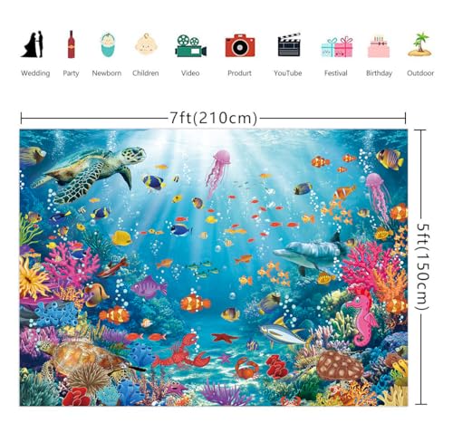 Underwater Backdrop Aquarium Ocean Corals Tropical Fish Photography Background Ocean Theme Party Decorations for Kid Boy's Birthday Cake Table Photo Booth Props (7x5FT)