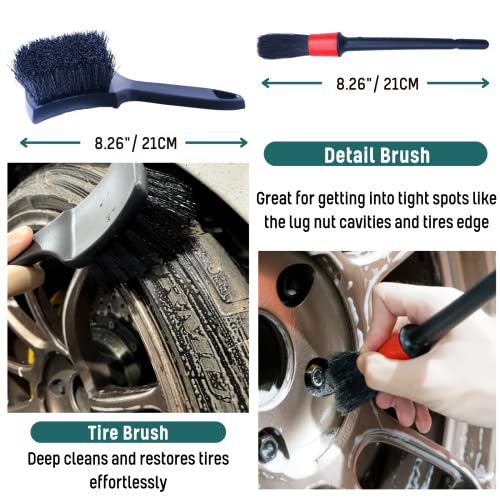 oesee Professional 4 Pack Long Handle Wheel Brush Kit for Cleaning Wheel and Tire- 2X Soft Wheel Cleaning Brush, Detailing Brush and Stiff Tire Brush, Bendable& Durable Wheel Rim Cleaner Brush Set - color: 4 Pack (Green & Black)