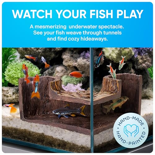 FISHNOSH Aquarium Cave | Natural-Looking Wood-Like BPA-Free Fish Tank Cave for Corners | 5.1” x 2” x 2.7” Fish Hideout for Aquarium | Guppy, Neon Tetra, Corydoras Catfish, Betta Hide | Tank Decor