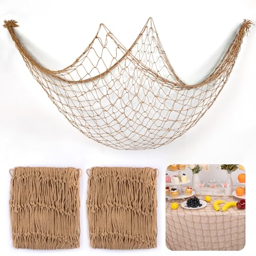2 Pcs Fish Net Decorations, 39x78 Inch Cotton Nautical Themed Fishing Net, Wall Hanging Photo Display Fishnet for Coastal Bedroom Bathroom, Pirate Hawaiian Beach Under The Sea Party Decor,Linen Color - color: Linen