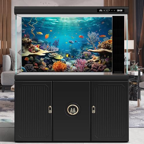 Underwater World Aquarium Background Tropical Fishes on Coral Reef Terrarium Background Oceanarium Deep Sea Colorful Marine Panorama Landscape Theme Fish Tank Backdrop Decorations Poster 30x18in - color: Orange Blue, size: 30(W)x18(H)in