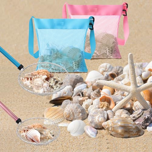 Roshtia 2 Pack Beach Sand Sifter Scoop with Seashell Bags, 18.5"- 30" Adiustable Shark Tooth Sifter Long Handle Sand Digger Scooper for Shell & Shark Tooth Collect Tool Toy for Adults Kid (Blue, Pink) - color: Blue, Pink, size: 18.5-30 Inch, style: Scoop
