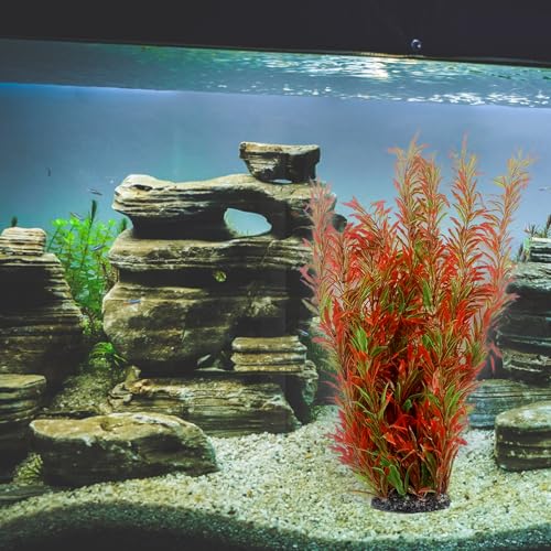 Artificial Aquarium Plant Decorations,23.62 Inches Large Plastic Fish Tank Plants Tall Realistic Aquarium Accessories for Freshwater and Saltwater(Wine and Green,2 Pcs)