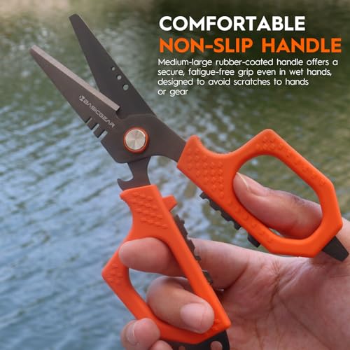 BasicGear Fishing Multi-Tool Scissors – Titanium-Coated, Stainless Steel, Multi-Tool Cutter with Hook Adjuster, Screwdriver, Bottle Opener, Sheath & Non-Slip Grip for Saltwater or Freshwater Use - color: 440c Stainless Steel