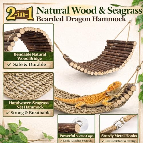 Bearded Dragon Tank Accessories, 9Pcs Reptile Plants Vines Hammock Flexible Bridge with Suction Cups Terrarium Habitat Décor for Snake Gecko Lizard Chameleon