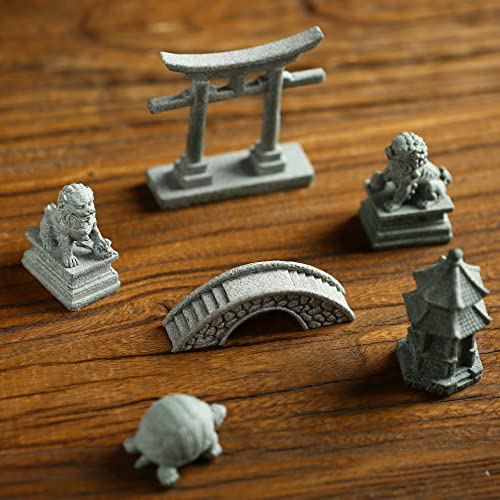 6 PCS Mini Zen Garden Accessories, Miniature Garden Bridge Foo Dogs Torii Gate Sandstone Figurines Meditation Zen Decor Japanese Fish Tank Terrarium Bonsai Decorations (Art Deco) - style: Art Deco