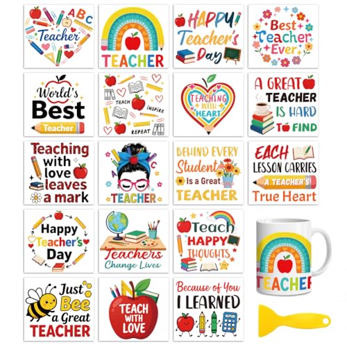 Peacoblue 18 Sheets Rub on Transfers for Crafts, Teacher's Day Text 3.6"x3.9" UV DTF Cup Wraps Waterproof Cold Transfers Stickers for Wood Glass Metal Cup Tumblers Mirrors Mugs Home Decor - style: Teacher's Day Text