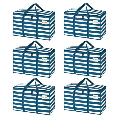 VENO 6 Pack Heavy Duty Moving Bags, Extra Large Storage Bags with Reinforced Handles & Strong Zippers, Foldable & Reusable Moving Box Alternative for Clothes & Dorm Storage - color: Classic Navy Stripe, size: 6 Pack