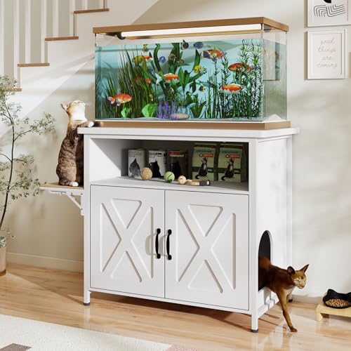Verano Garden 40-50 Gallon Fish Tank Stand with Hidden Cat Litter Box Enclosure Furniture, Cat Viewing Aquarium Stand with Storage Shelf & Side Cat Perch, 36.2"x20.5" Tabletop, 660 LBS Capacity - color: White