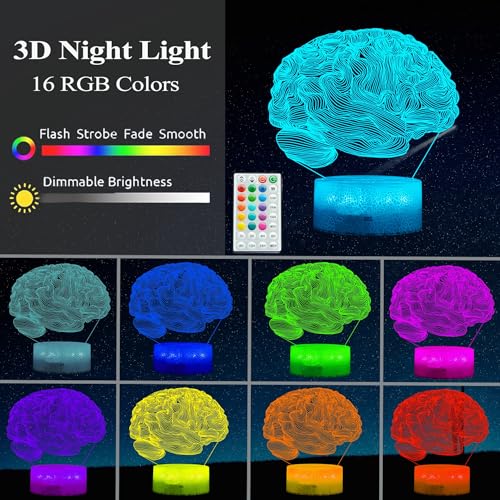 Neurology Gifts, 3D Brain Illusion Lamp, Night Light with16 Colors Changing, Remote Control, Timer, Dimmable, Kids Room Decoration, Xmas Brain Model Gifts - color: Brain