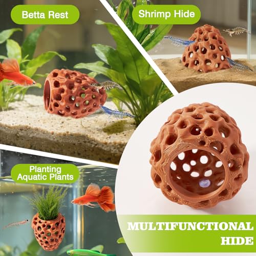 Shrimp Dome Hide, Shrimp Hides for Aquarium, Betta Fish Hideout with Suction Cup, Betta Habitat Tank Ornament Accessories, Aquarium Decor for Small Fish Guppy Hiding Resting (Brown) - color: Brown