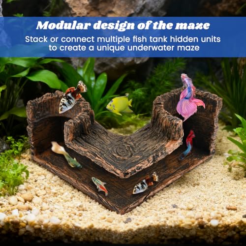 Aquarium Cave Underground Resin Stump Dual Hole Hideout Fish Tank Cave View Fish & Shrimp in Natural Corner Tunnel (Size:5.1×5.1×2.8")