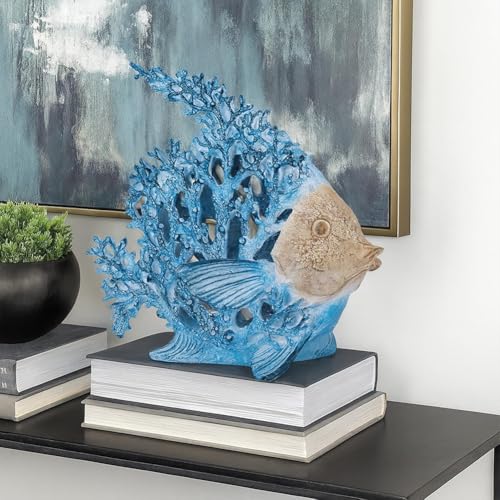 9.84'' Ocean Coral Fish Sculpture – Resin Coastal Fish Figurine with Coral Backdrop, Ocean Blue & Sandy Beige Finish – Nautical Tabletop Accent for Living Room, Beach House & Bathroom Decor - color: Coastal Blue, size: Large
