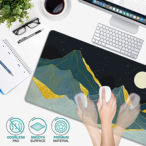 Golden Line Art Mountain at Night Large Mouse Pad Extended Gaming Mouse Pad Waterproof Desk Mat with Stitched Edge,Non Slip Base Keyboard Mouse pad for Home Office 35.4" X 15.7" - color: Golden Line Art Mountain at Night