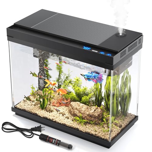 Vehipa Fish Tank 2.4 Gallon Aquarium with Heater, 3-in-1 Silent Pump with Filteration & Oxygenation & Circulation, 7-Color Timer Cycle Light, Temperature Display, Humidifier, HD Glass Fish Bowl - color: Jet-black