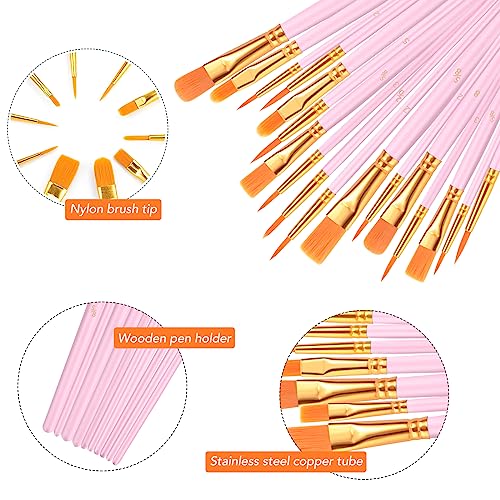 AROIC Acrylic Paint Brushes, 6 Packs/60 pcs Nylon Hair Paint Brush Set for All Purpose Oil Watercolor Painting Artist Professional Kits (Pink) - color: Pink, size: 60pcs