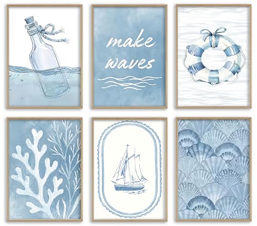 6Pcs Nautical Canvas Wall Art, Ocean Theme Wall Decor Pictures, Blue Coastal Poster Prints with Drift Bottle、Sailboat、Coral, for Living Room Study Beach House Home Decoration 8x10inch Unframed - color: Sailboat, size: 8x10in