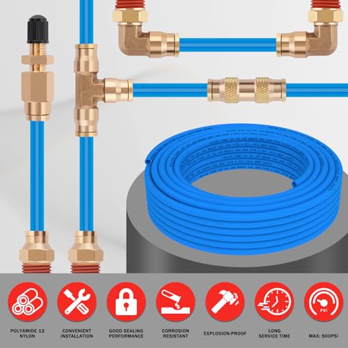 CheeMuii 100 FT 1/4" DOT Air Line with 34 Pcs Brass DOT Air Line Fittings Kit 30.5 Meter 1/4 Blue Air Lines Service Kit with Push Lock Air Fitting Air Coupler & Plug Kit - color: blue & gold, size: 1/4"100ft-37pcs