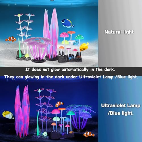 Lpraer 4 Pack Glow Aquarium Decorations Branch Coral Reef Mushroom Seaweed Simulation Glow Plant Glowing Effect Silicone for Fish Tank Decorations - color: 4 Pcs(branch Coral+coral+mushrooms+seaweed)