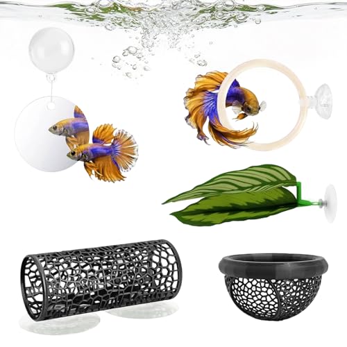 5 Pcs Betta Fish Hammock & Toys Set - Aquarium Tunnel, Floating Mirror, Hammock, Leaf Pad & Exercise Ring, Safe Resting, Hiding & Feeding Decor for Shrimp & Small Fish Tanks