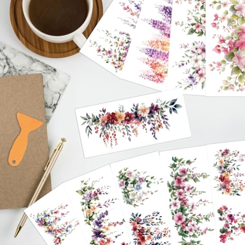 arricraft 10 Sheets Beautiful Flowers UV DTF Cup Wrap for 16OZ Glass, Flowering Vine Rub on Decals PVC Transfer Stickers for DIY Cups Wood Funiture 24x11cm/9.4x4.3inch - style: Beautiful Flowers Theme