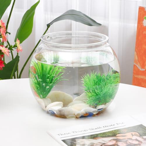 POPETPOP Small Fish Tank Desktop Aquarium Round Clear Plastic Fish Bowl for Home Office Decor 8.66X8.66X6.89 Inches