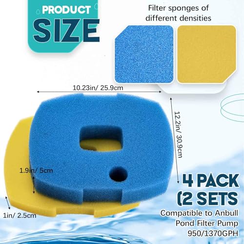 Treela 4 Pcs Replacement Filter Sponge Pond Filter Pad Compatible with Anbull Pond Filter Pump 950/1370gph (12.2" x 10.23" x 2.95") Aquarium Filter Sponge Fish Tank Sponge (Blue Yellow, Pack of 2 Set)