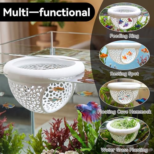 Floating Betta Shrimp Cave, Multi-Functional Aquarium Hammock for Hiding Feeding, Floating Betta Fish Skins with Feeding Ring, Tank Resting Spot for Small Fish Betta Shrimp (White) - color: White, size: Small