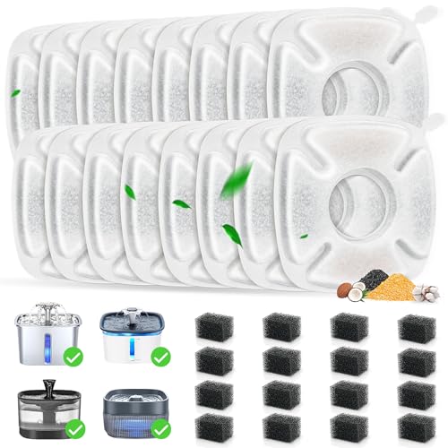 32 Pack Cat Water Fountain Filters, 16 Pcs Replacement Cats Fountain Filters & 16 Pcs Pre-Filter Sponges for 95oz/2.8L 135oz/4L 67oz/2L Automatic Pet Water Fountain Cat Dog Water Dispenser Filter