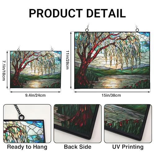 Customized Rectangle Art Nouveau Willow Pond Tree Stained Glass Suncatcher Window Hanging, Gothic Christmas Ornaments for Bird Lovers, Dinosaur Room Decor for Nursery New Home Gifts - color: Art Nouveau Willow Pond Tree 2, size: 9.4x7.1 IN