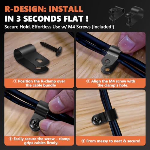320PCS Black Cable Clamps Nylon Plastic R-Type 6 Sizes 3/16'' 1/4'' 3/8'' 1/2'' 3/4'' 1'' Cable Mounting Wire Clips Assortment Kit with Screws for Wire Management H-049