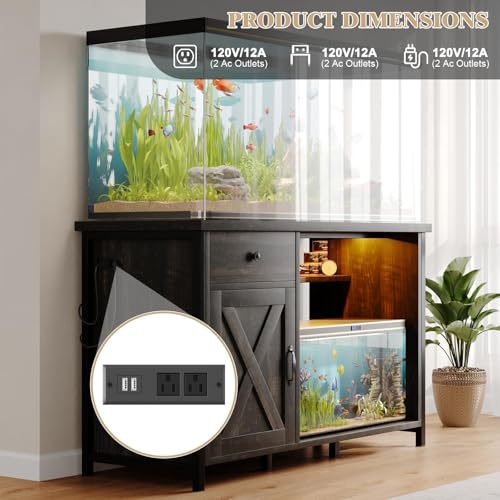 4ever2buy 55-75 Gallon Fish Tank Stand with Power Outlets, LED Light, Heavy Duty Aquarium Stand with Cabinet for Fish Tank Accessories Storage, for Turtle Tank, Reptile Terrarium, 1100LBS, Oak - color: Dark Oak