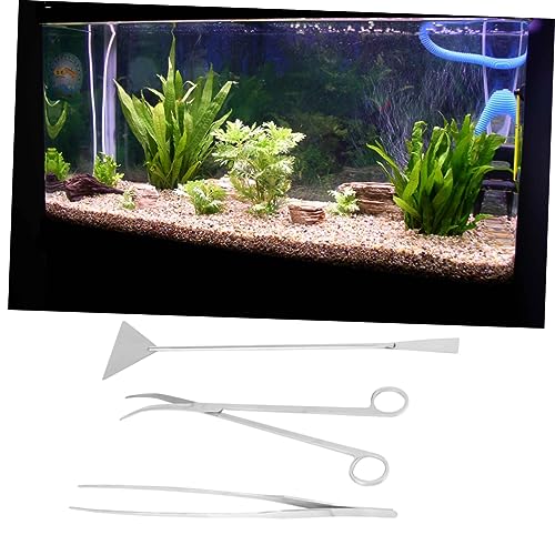 COLLBATH 3-pc Set Aquarium Cleaning Tool Kit Curved Scissors Straight Tweezers Shovel Stainless Steel Non-Slip Handle