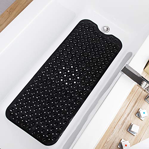 TEESHLY Bathtub Mats for Shower Tub, Extra Long Non-Slip 39 x 16 Inch Bath Mat with Drain Holes and Suction Cups, BathMat for Bathroom with Machine Washable (Opaque Black) - color: Opaque Black