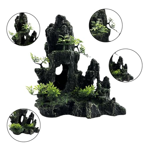 Large and Tall Fish Tank Decorations Aquarium Mountain View Stone Decorations Resin Rock Aquascaping with Hiding Cave, Fish Tank Accessories Aquarium Ornaments with Small Plants (E) - color: E