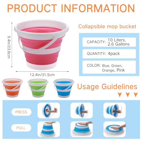 Pickmesh 4 Pcs Collapsible Bucket 2.6 Gallon (10l) Foldable Collapsible Sand Bucket with Handle Small Cleaning Pail for Household Outdoor Car Washing Camping Beach Sand(Blue, Green, Orange, Pink) - color: Blue, Green, Orange, Pink, size: 2.6 Gallon