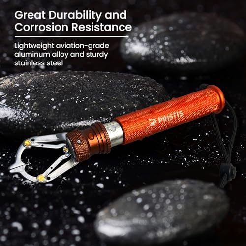 Pristis Metal Fishing Grabber, Locking Fish Lip Gripper with Lightweight Aviation Aluminum Handle, Heavy Duty Stainless Steel Grab Grip Tool Tackle, Rotating Hook Remover Holder Freshwater Saltwater