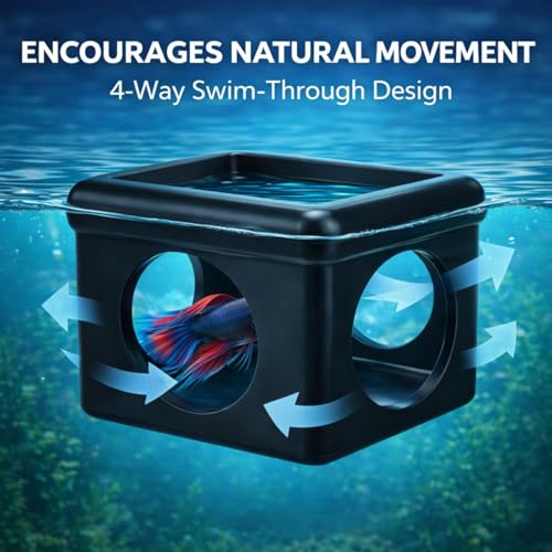 Black Floating Betta Fish Hideout with Round Holes & Window – Floating Cave Hammock, Feeding Platform & Resting Tunnel – Betta Fish Shelter for Nano Tanks, Bowls & Small Aquariums - color: C: Black