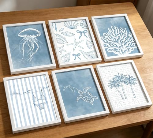 Tropical Ocean Life Wall Art Set of 6, Watercolor Blue Coastal Canvas Prints with Jellyfish、Turtle、Coral, Unframed Marine Theme Wall Decor Posters for Bathroom Kid’s Room Home Decoration 12x16inch - color: Tropical Ocean Life, size: 12x16in