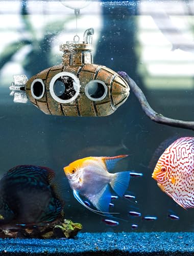 Floating Fish Tank Decoration, Little Cute Retro Submarine Aquarium Decoration with Two Float Balls, Resinous Fish Tank Accessorie, Safe Fish Toy for Betta Cichlid Goldfish Shrimps Hermit Crabs - size: 4.9'' Floating submarine
