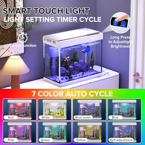Vehipa Aquarium, 2.4 Gallon Betta Fish Tank with Heater, Humidifier 3 in 1 Pump - Filteration & Oxygenation & Circulation, Temperature Display, HD Glass, Timed 7-Color Lights - color: Pure White
